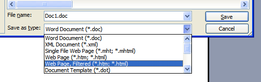 Microsoft Word XP Save as Webpage, Filtered screenshot